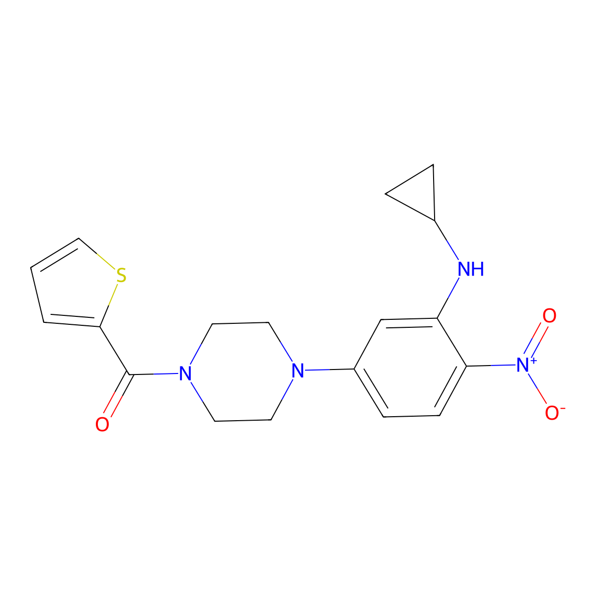 [4-[3-(Cyclopropylamino)-4-nitrophenyl]piperazin-1-yl]-thiophen-2-ylmethanone molecular structure, CAS 432536-51-1