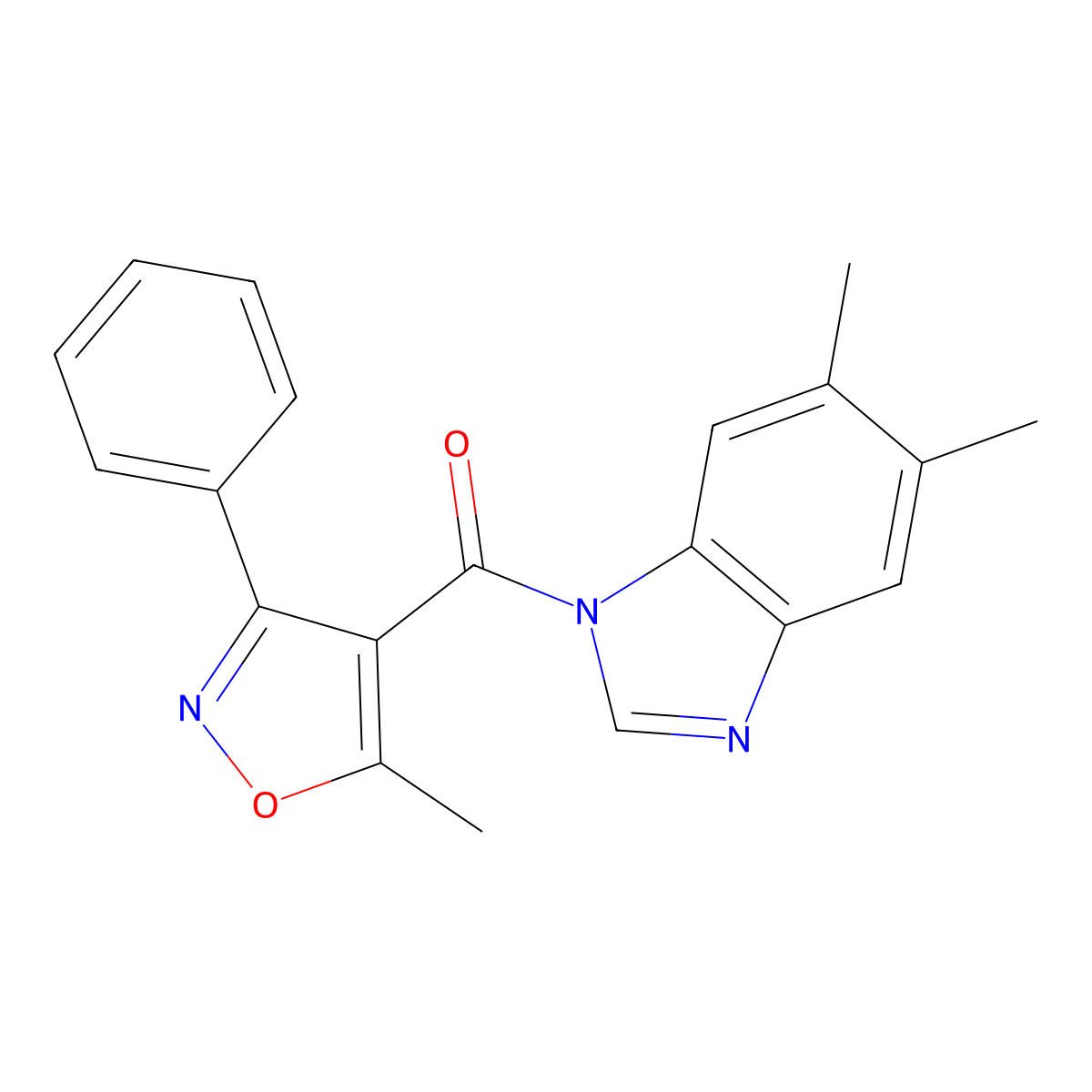 (5,6-Dimethylbenzimidazol-1-yl)-(5-methyl-3-phenyl-1,2-oxazol-4-yl)methanone molecular structure, CAS 432536-86-2