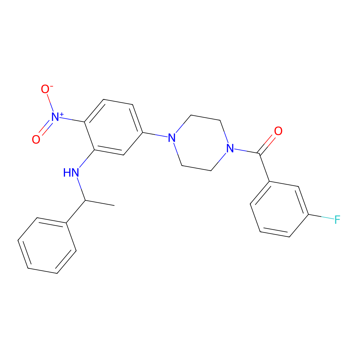 (3-Fluorophenyl)(4-{4-nitro-3-[(1-phenylethyl)amino]phenyl}piperazin-1-yl)methanone molecular structure, CAS 432537-52-5