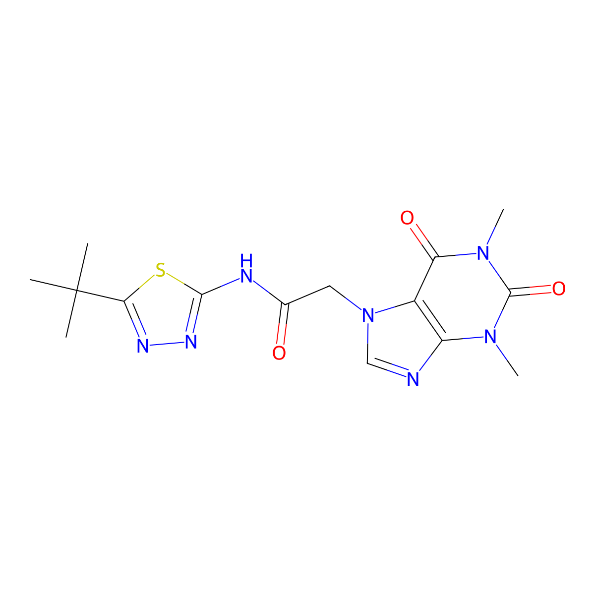 N-(5-tert-butyl-1,3,4-thiadiazol-2-yl)-2-(1,3-dimethyl-2,6-dioxo-1,2,3,6-tetrahydro-7H-purin-7-yl)acetamide molecular structure, CAS 432538-96-0