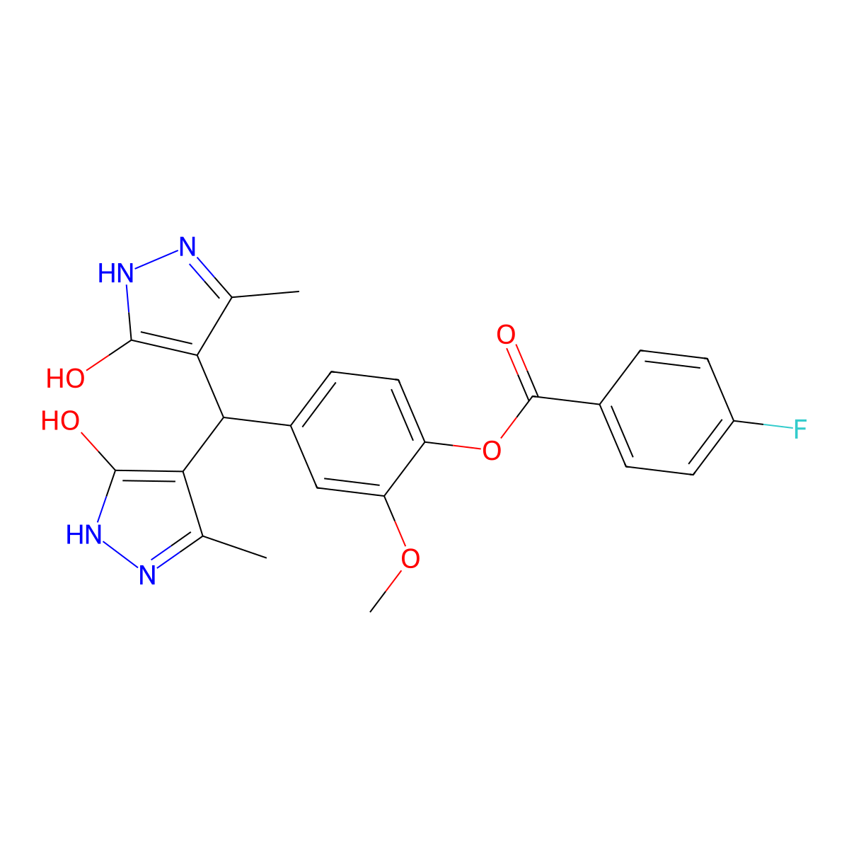 4-[bis(5-hydroxy-3-methyl-1H-pyrazol-4-yl)methyl]-2-methoxyphenyl 4-fluorobenzoate molecular structure, CAS 432539-38-3