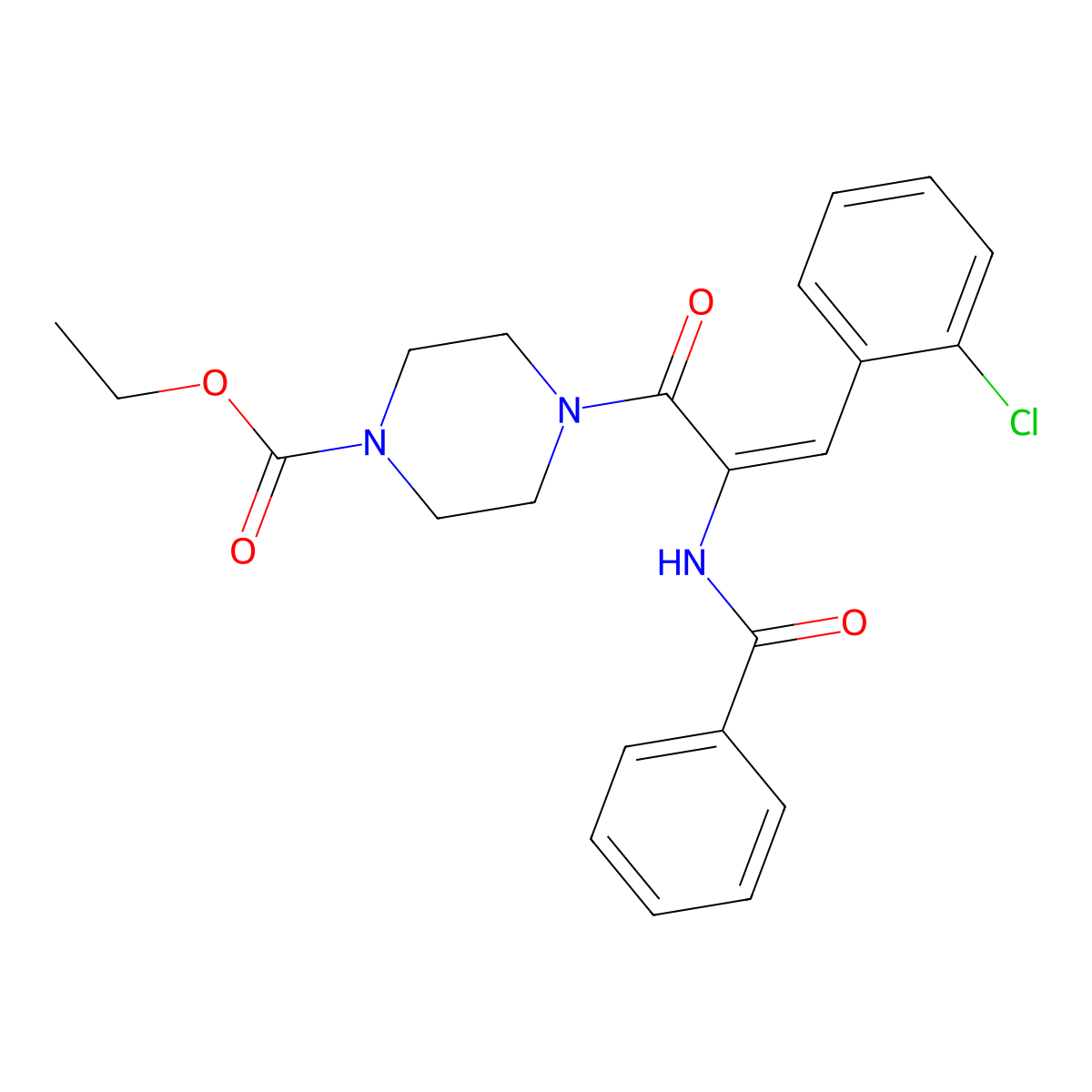 Ethyl 4-[2-benzamido-3-(2-chlorophenyl)prop-2-enoyl]piperazine-1-carboxylate molecular structure, CAS 4329-20-8