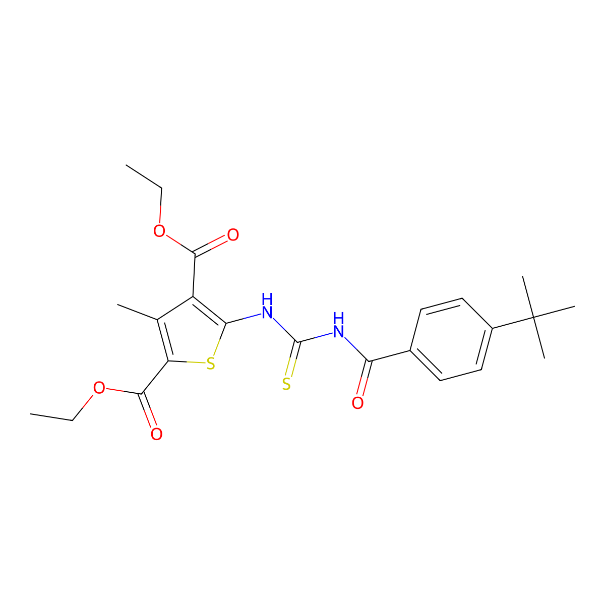 Diethyl 5-({[(4-tert-butylphenyl)carbonyl]carbamothioyl}amino)-3-methylthiophene-2,4-dicarboxylate molecular structure, CAS 433239-72-6