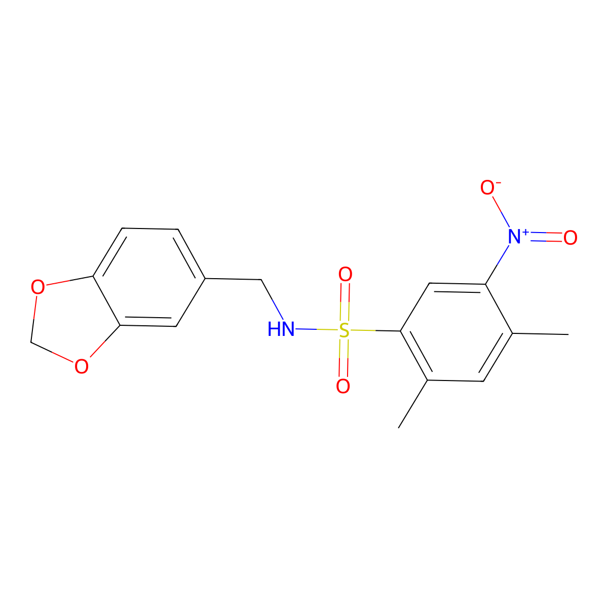 N-(1,3-benzodioxol-5-ylmethyl)-2,4-dimethyl-5-nitrobenzenesulfonamide molecular structure, CAS 433240-51-8
