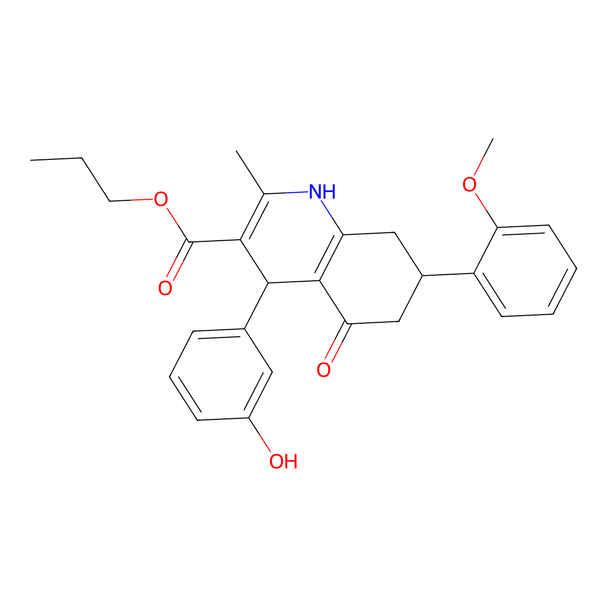 Propyl 4-(3-hydroxyphenyl)-7-(2-methoxyphenyl)-2-methyl-5-oxo-1,4,5,6,7,8-hexahydroquinoline-3-carboxylate molecular structure, CAS 433241-16-8