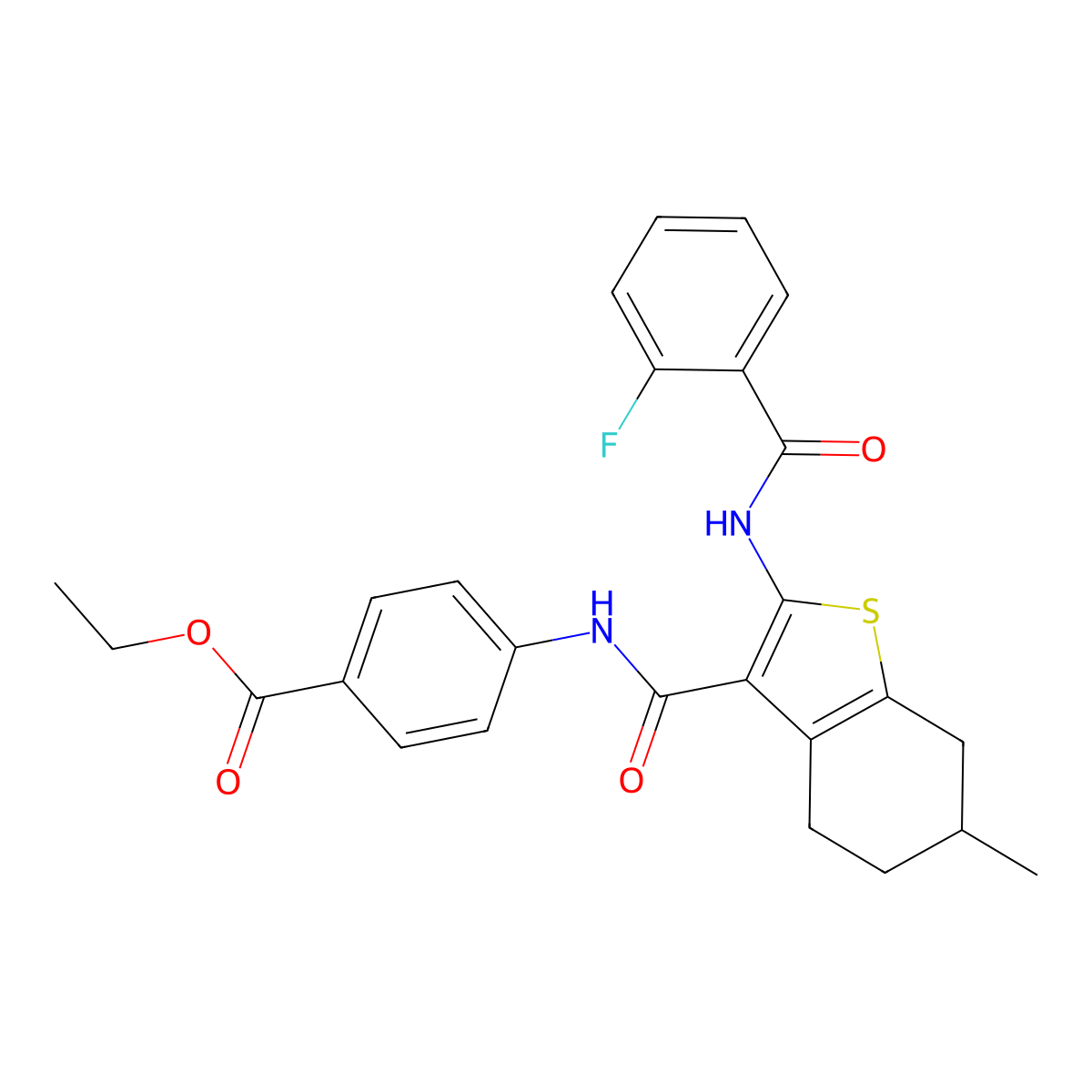 Ethyl 4-[[2-[(2-fluorobenzoyl)amino]-6-methyl-4,5,6,7-tetrahydro-1-benzothiophene-3-carbonyl]amino]benzoate molecular structure, CAS 433241-73-7