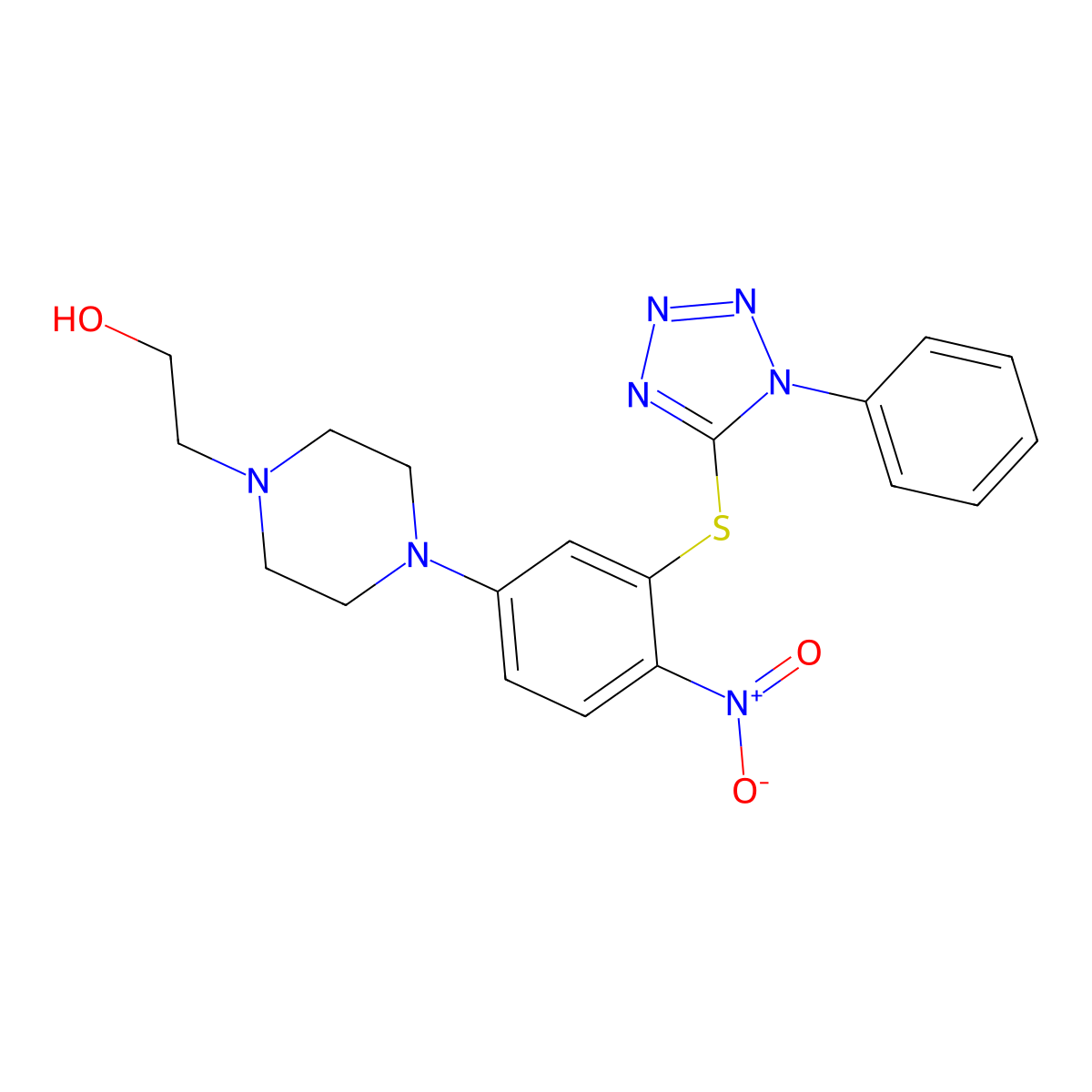 2-[4-[4-Nitro-3-(1-phenyltetrazol-5-yl)sulfanylphenyl]piperazin-1-yl]ethanol molecular structure, CAS 433242-05-8