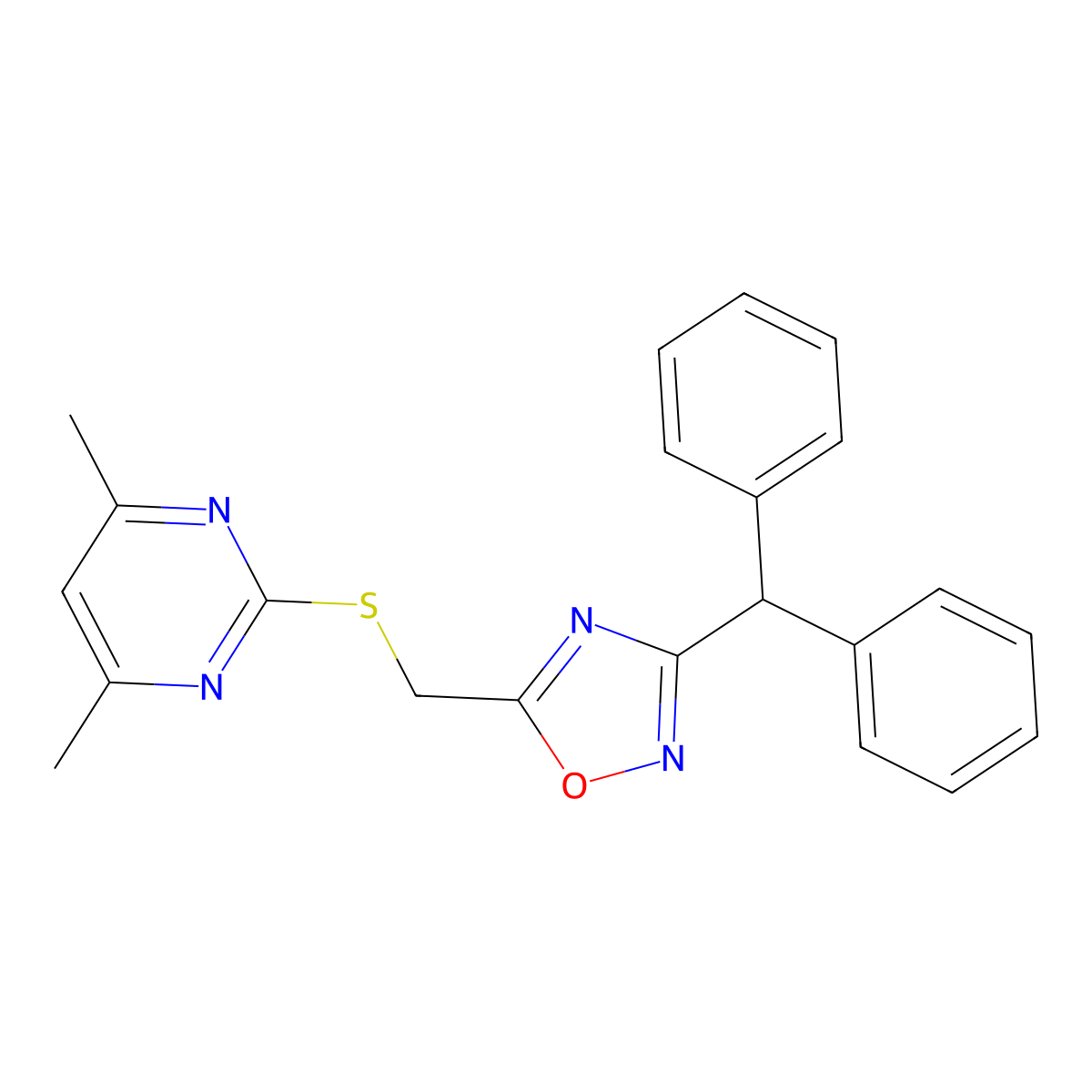 2-({[3-(Diphenylmethyl)-1,2,4-oxadiazol-5-yl]methyl}sulfanyl)-4,6-dimethylpyrimidine molecular structure, CAS 433243-42-6