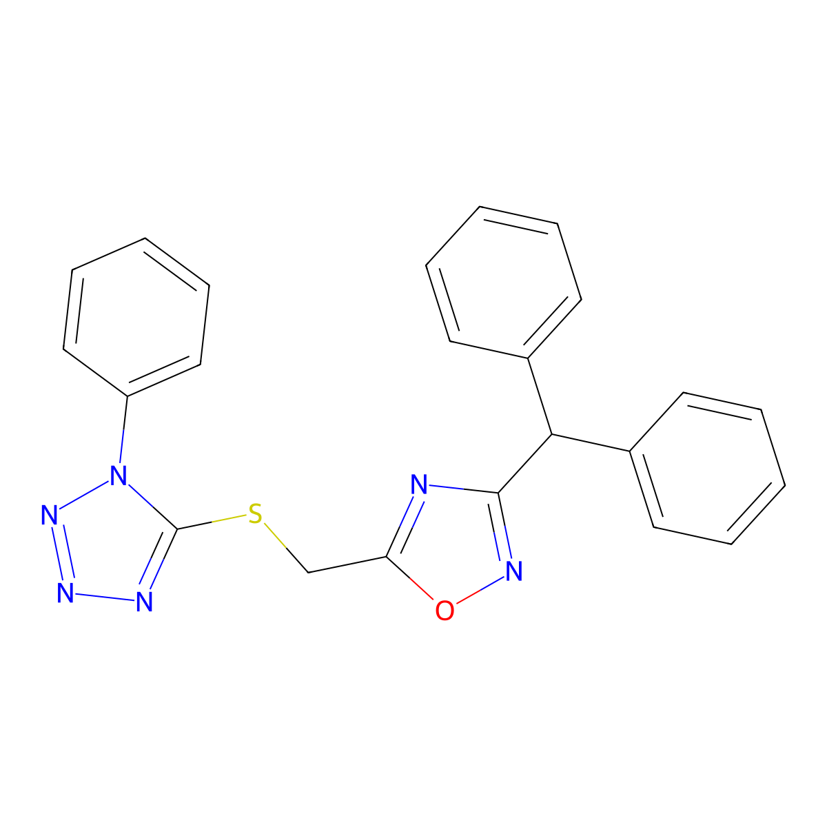 3-Benzhydryl-5-[(1-phenyltetrazol-5-yl)sulfanylmethyl]-1,2,4-oxadiazole molecular structure, CAS 433243-51-7
