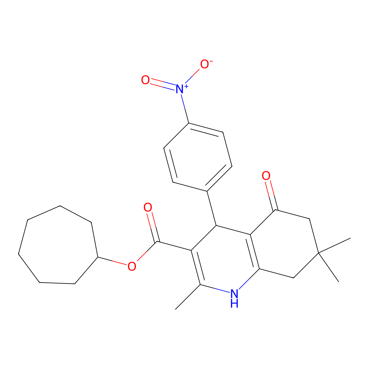 Cycloheptyl 2,7,7-trimethyl-4-(4-nitrophenyl)-5-oxo-1,4,5,6,7,8-hexahydroquinoline-3-carboxylate molecular structure, CAS 433244-15-6