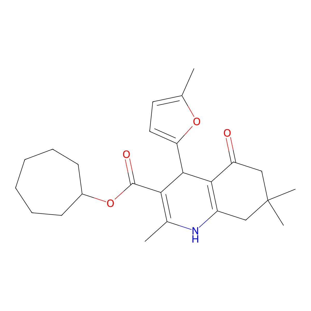 Cycloheptyl 2,7,7-trimethyl-4-(5-methylfuran-2-yl)-5-oxo-1,4,5,6,7,8-hexahydroquinoline-3-carboxylate molecular structure, CAS 433244-22-5