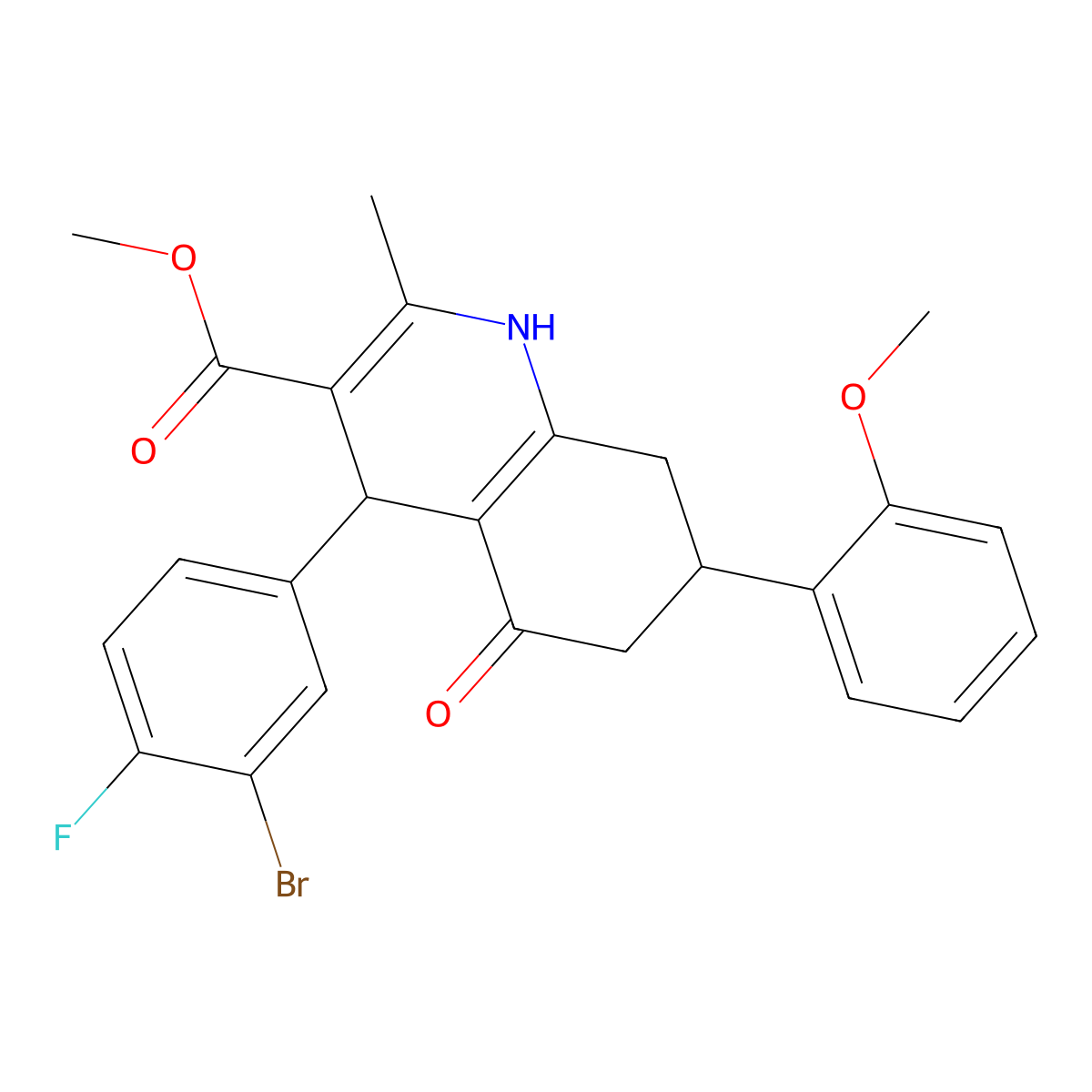 Methyl 4-(3-bromo-4-fluorophenyl)-7-(2-methoxyphenyl)-2-methyl-5-oxo-1,4,5,6,7,8-hexahydroquinoline-3-carboxylate molecular structure, CAS 433244-60-1