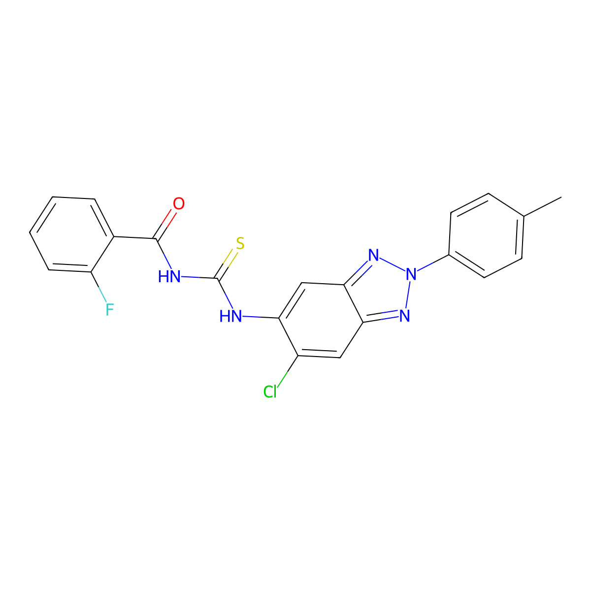 N-[[6-chloro-2-(4-methylphenyl)benzotriazol-5-yl]carbamothioyl]-2-fluorobenzamide molecular structure, CAS 433245-18-2