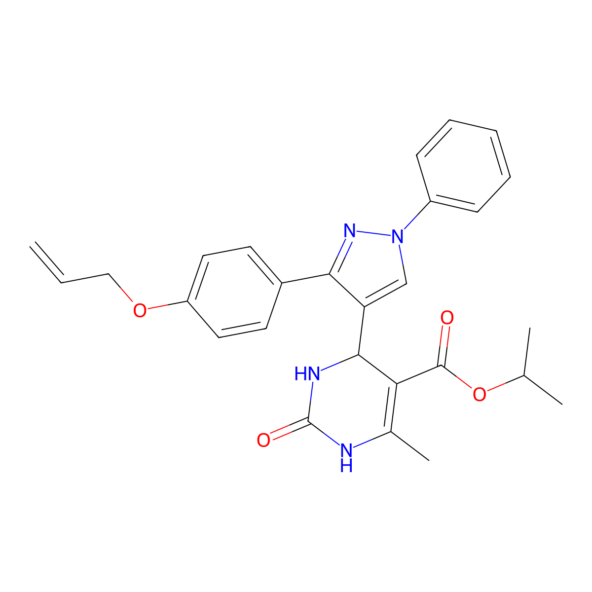 propan-2-yl 6-methyl-2-oxo-4-{1-phenyl-3-[4-(prop-2-en-1-yloxy)phenyl]-1H-pyrazol-4-yl}-1,2,3,4-tetrahydropyrimidine-5-carboxylate molecular structure, CAS 433248-94-3