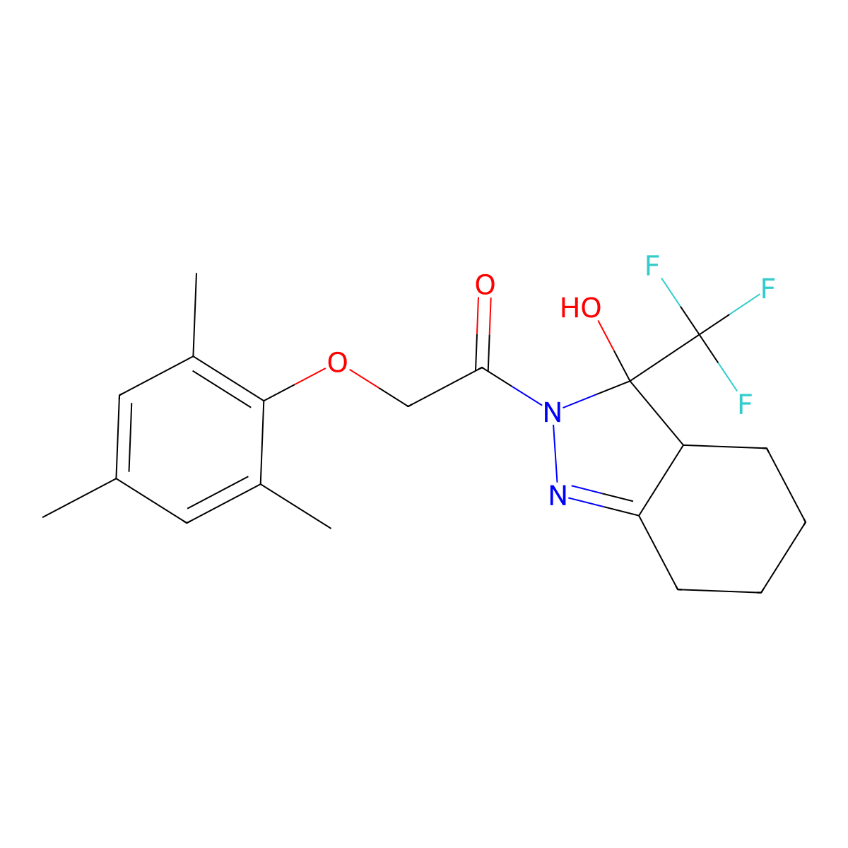1-[3-hydroxy-3-(trifluoromethyl)-4,5,6,7-tetrahydro-3aH-indazol-2-yl]-2-(2,4,6-trimethylphenoxy)ethanone molecular structure, CAS 433249-11-7