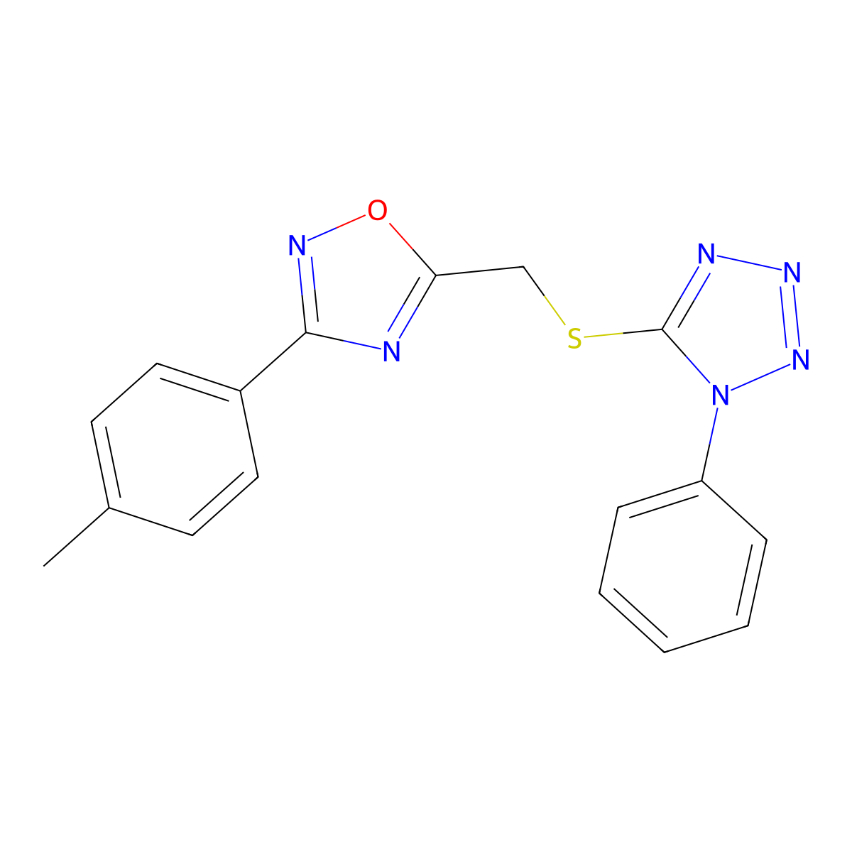3-(4-Methylphenyl)-5-[(1-phenyltetrazol-5-yl)sulfanylmethyl]-1,2,4-oxadiazole molecular structure, CAS 433251-31-1
