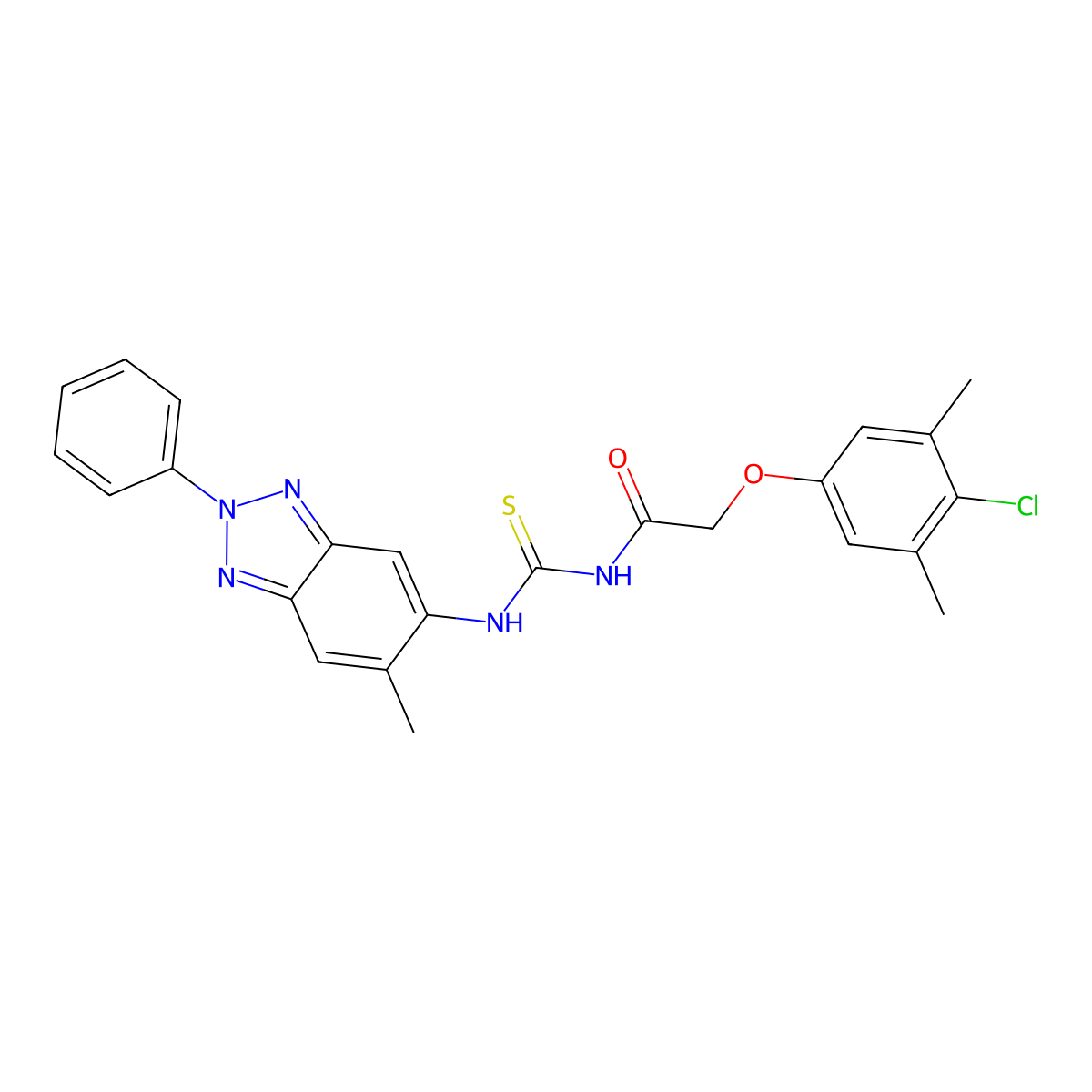 2-(4-chloro-3,5-dimethylphenoxy)-N-[(6-methyl-2-phenylbenzotriazol-5-yl)carbamothioyl]acetamide molecular structure, CAS 433253-40-8