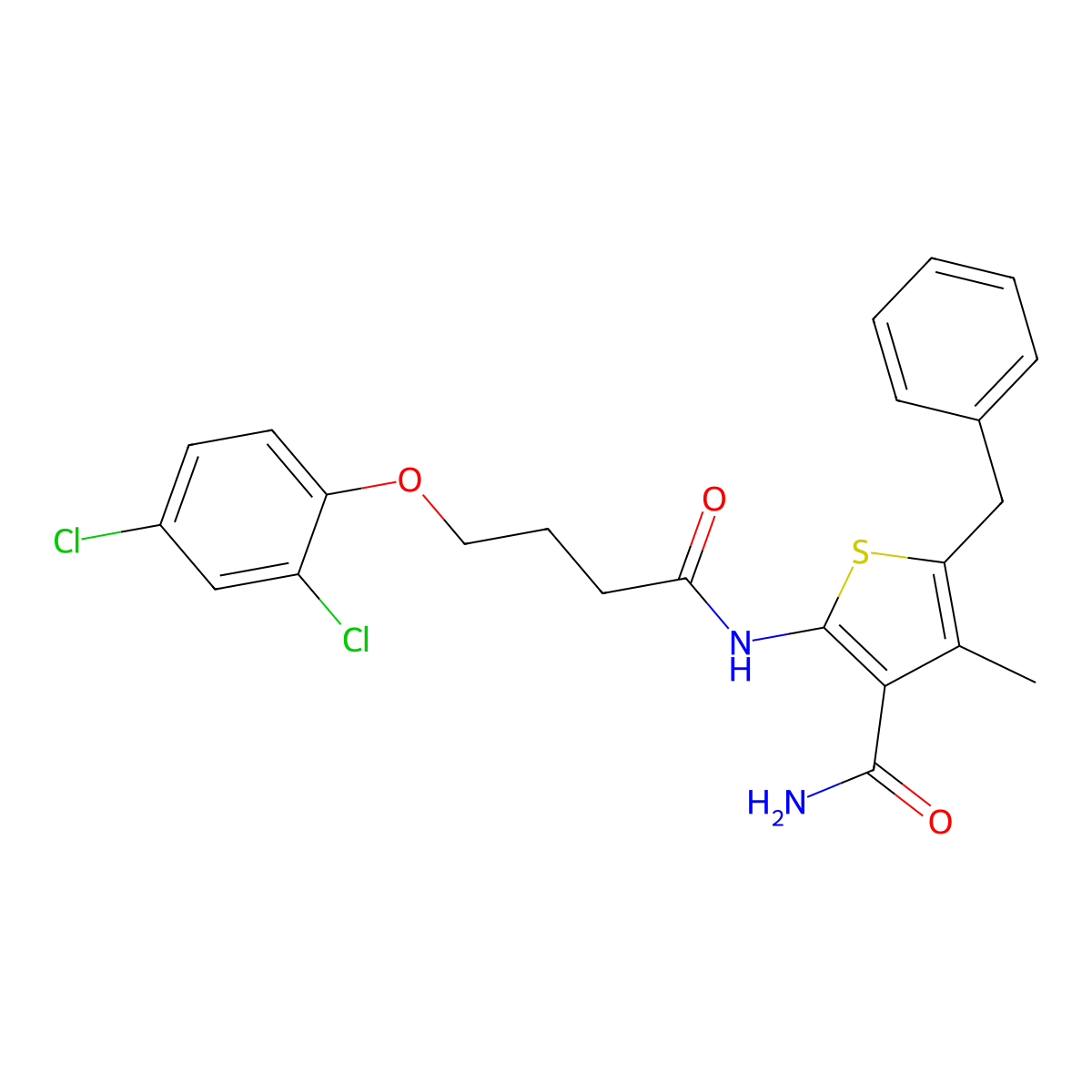 5-Benzyl-2-[4-(2,4-dichlorophenoxy)butanoylamino]-4-methylthiophene-3-carboxamide molecular structure, CAS 433253-87-3