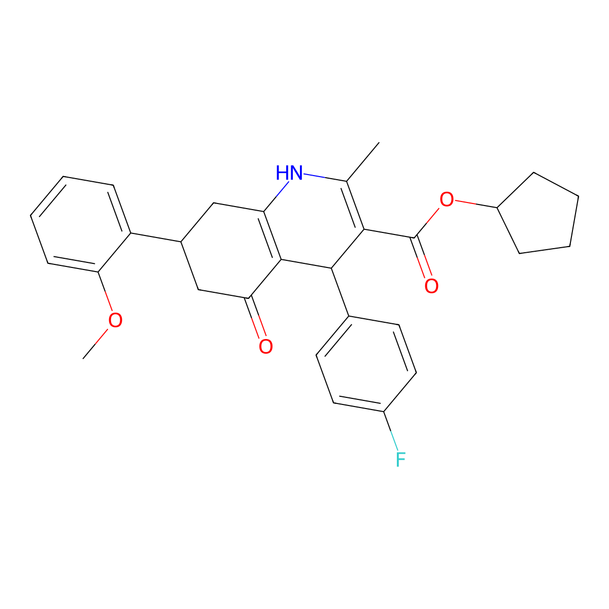 Cyclopentyl 4-(4-fluorophenyl)-7-(2-methoxyphenyl)-2-methyl-5-oxo-1,4,5,6,7,8-hexahydroquinoline-3-carboxylate molecular structure, CAS 433254-15-0