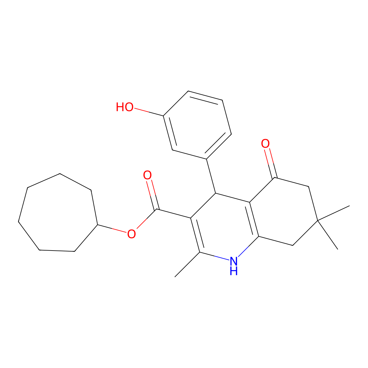 Cycloheptyl 4-(3-hydroxyphenyl)-2,7,7-trimethyl-5-oxo-1,4,5,6,7,8-hexahydroquinoline-3-carboxylate molecular structure, CAS 433254-52-5