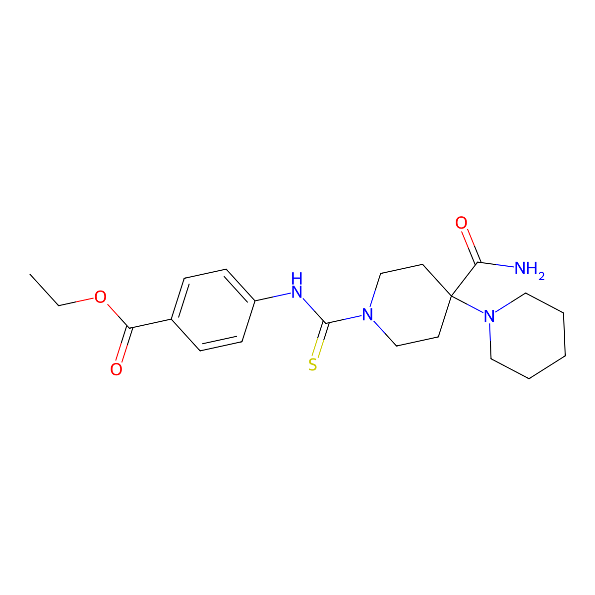 Ethyl 4-{[(4-carbamoyl-4-piperidylpiperidyl)thioxomethyl]amino}benzoate molecular structure, CAS 433255-44-8