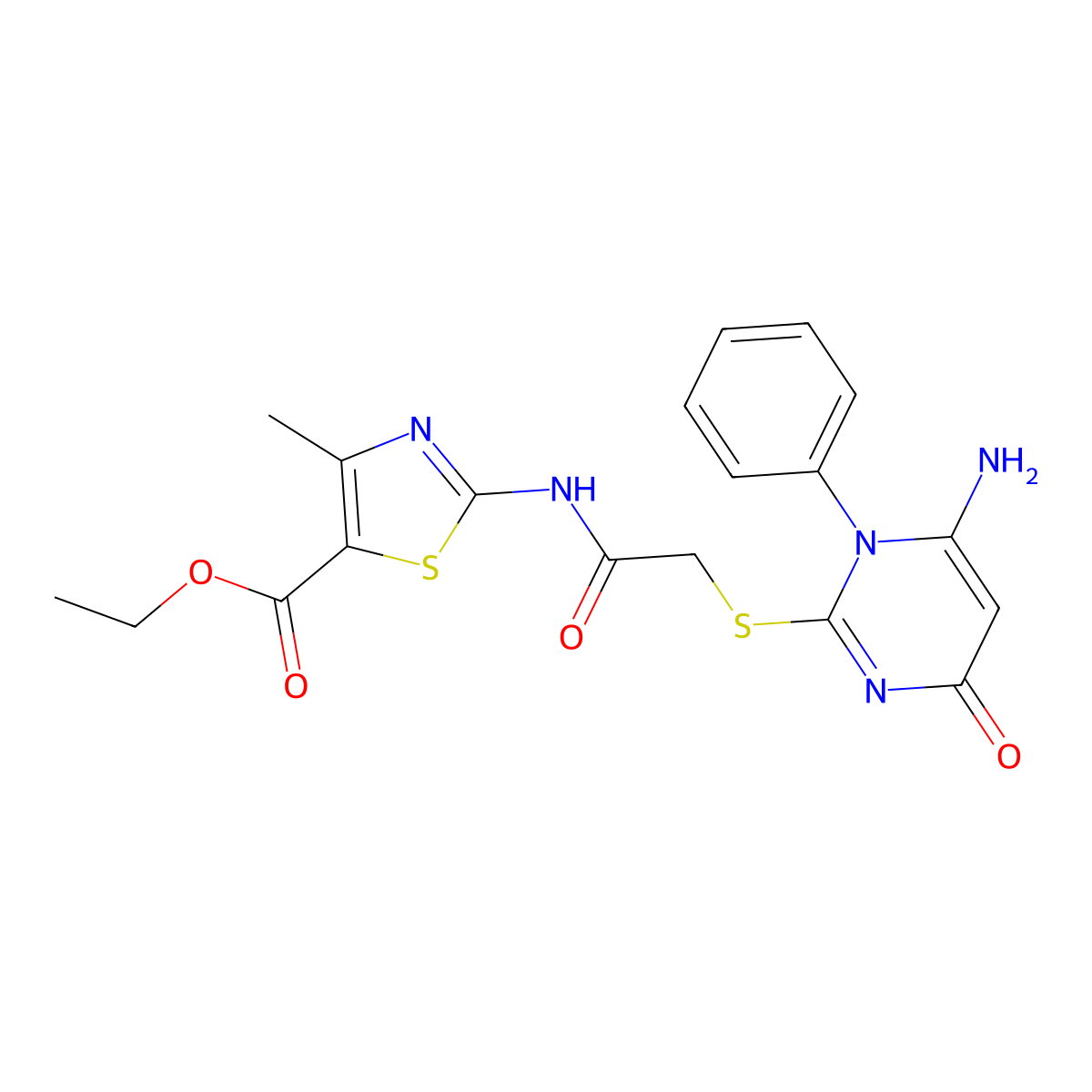 Ethyl 2-({[(6-amino-4-oxo-1-phenyl-1,4-dihydropyrimidin-2-yl)sulfanyl]acetyl}amino)-4-methyl-1,3-thiazole-5-carboxylate molecular structure, CAS 433257-79-5