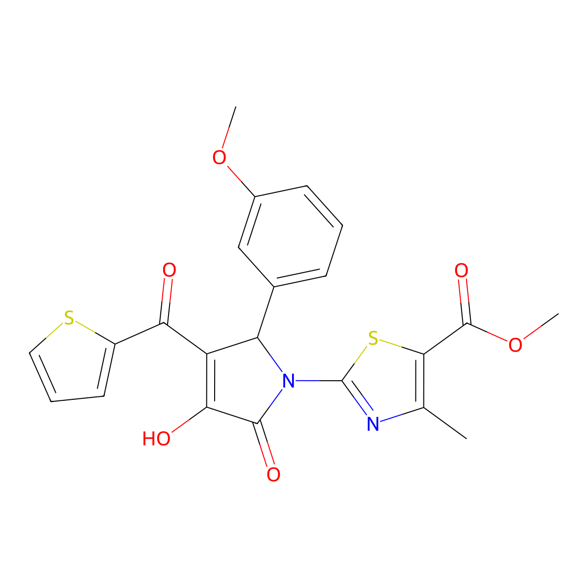 methyl 2-[3-hydroxy-5-(3-methoxyphenyl)-2-oxo-4-(thiophen-2-ylcarbonyl)-2,5-dihydro-1H-pyrrol-1-yl]-4-methyl-1,3-thiazole-5-carboxylate molecular structure, CAS 433257-92-2
