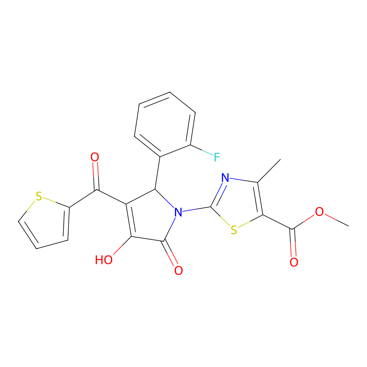 methyl 2-[2-(2-fluorophenyl)-4-hydroxy-5-oxo-3-(thiophen-2-ylcarbonyl)-2,5-dihydro-1H-pyrrol-1-yl]-4-methyl-1,3-thiazole-5-carboxylate molecular structure, CAS 433258-65-2