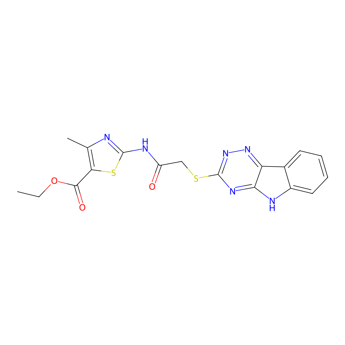 ethyl 4-methyl-2-{[(5H-[1,2,4]triazino[5,6-b]indol-3-ylsulfanyl)acetyl]amino}-1,3-thiazole-5-carboxylate molecular structure, CAS 433261-36-0
