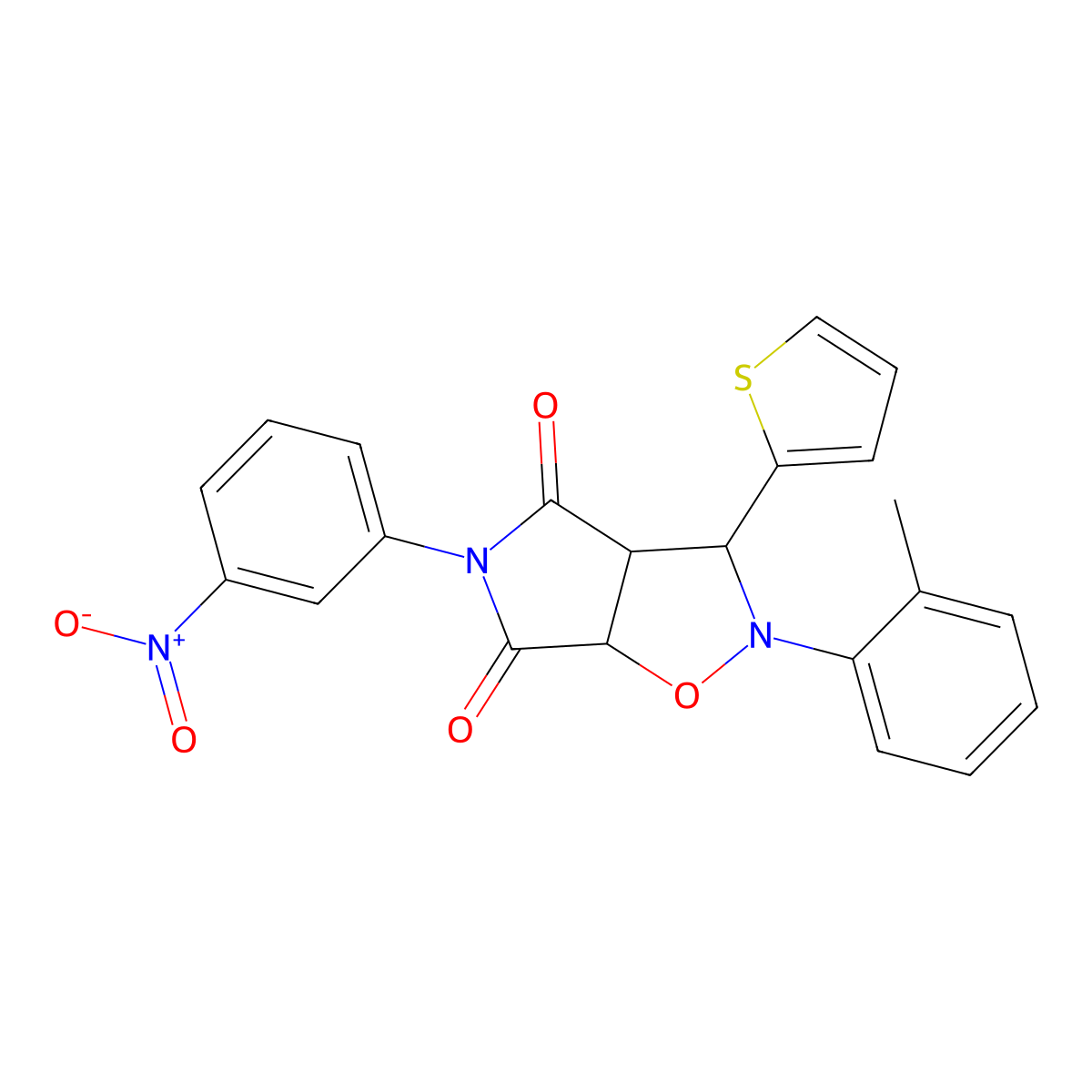 5-(3-nitrophenyl)-3-(thiophen-2-yl)-2-(o-tolyl)dihydro-2H-pyrrolo[3,4-d]isoxazole-4,6(5H,6aH)-dione molecular structure, CAS 433261-69-9