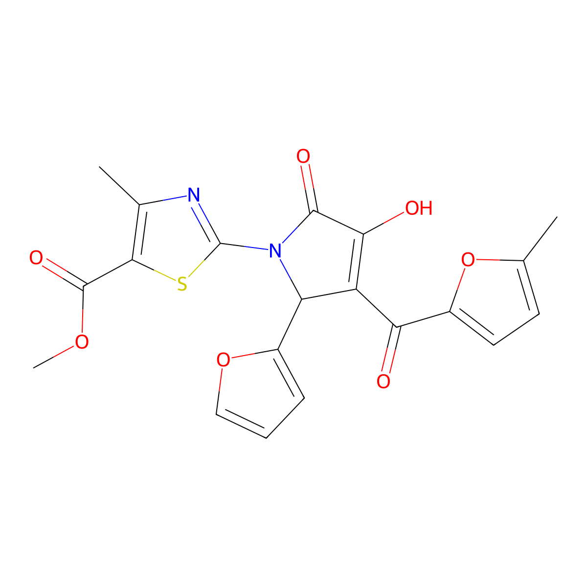 methyl 2-[2-(furan-2-yl)-4-hydroxy-3-(5-methylfuran-2-carbonyl)-5-oxo-2,5-dihydro-1H-pyrrol-1-yl]-4-methyl-1,3-thiazole-5-carboxylate molecular structure, CAS 433261-75-7