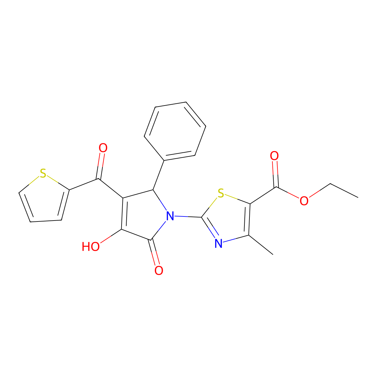 ethyl 2-[3-hydroxy-2-oxo-5-phenyl-4-(thiophen-2-ylcarbonyl)-2,5-dihydro-1H-pyrrol-1-yl]-4-methyl-1,3-thiazole-5-carboxylate molecular structure, CAS 433261-83-7