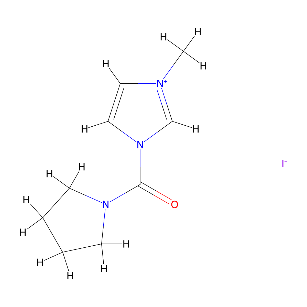 3-methyl-1-(pyrrolidine-1-carbonyl)-1H-imidazol-3-ium iodide molecular structure, CAS 433302-49-9