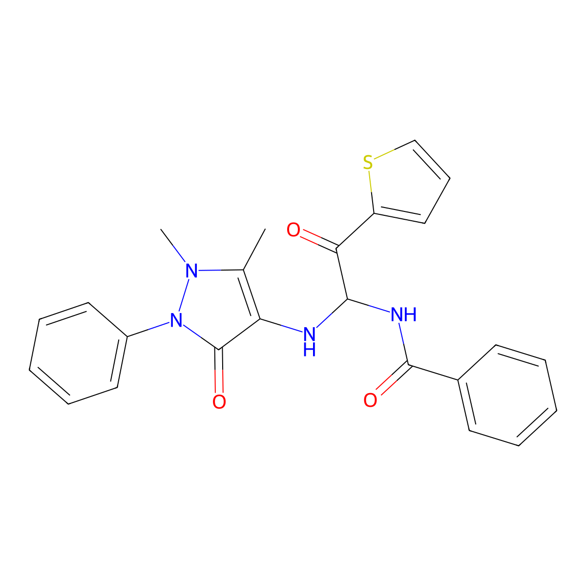 N-{1-[(1,5-dimethyl-3-oxo-2-phenyl-2,3-dihydro-1H-pyrazol-4-yl)amino]-2-oxo-2-(thiophen-2-yl)ethyl}benzamide molecular structure, CAS 433305-39-6