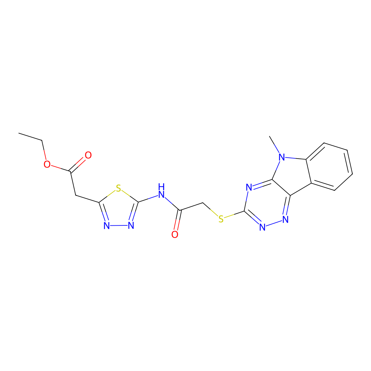 ethyl [5-({[(5-methyl-5H-[1,2,4]triazino[5,6-b]indol-3-yl)sulfanyl]acetyl}amino)-1,3,4-thiadiazol-2-yl]acetate molecular structure, CAS 433308-26-0