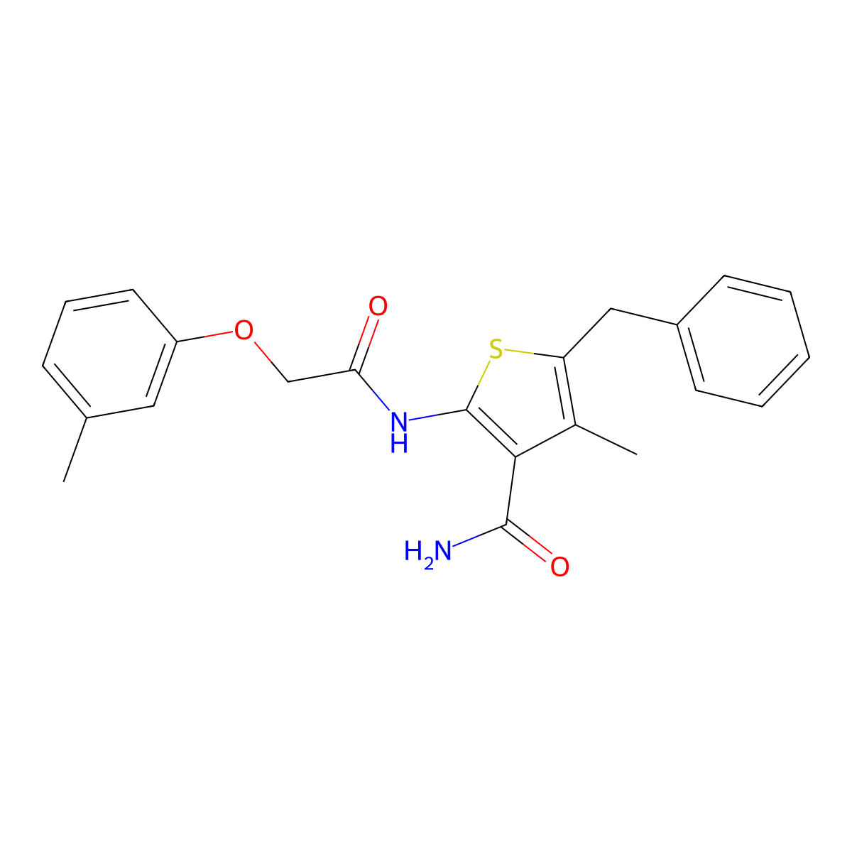 5-Benzyl-4-methyl-2-{[(3-methylphenoxy)acetyl]amino}thiophene-3-carboxamide molecular structure, CAS 433308-38-4