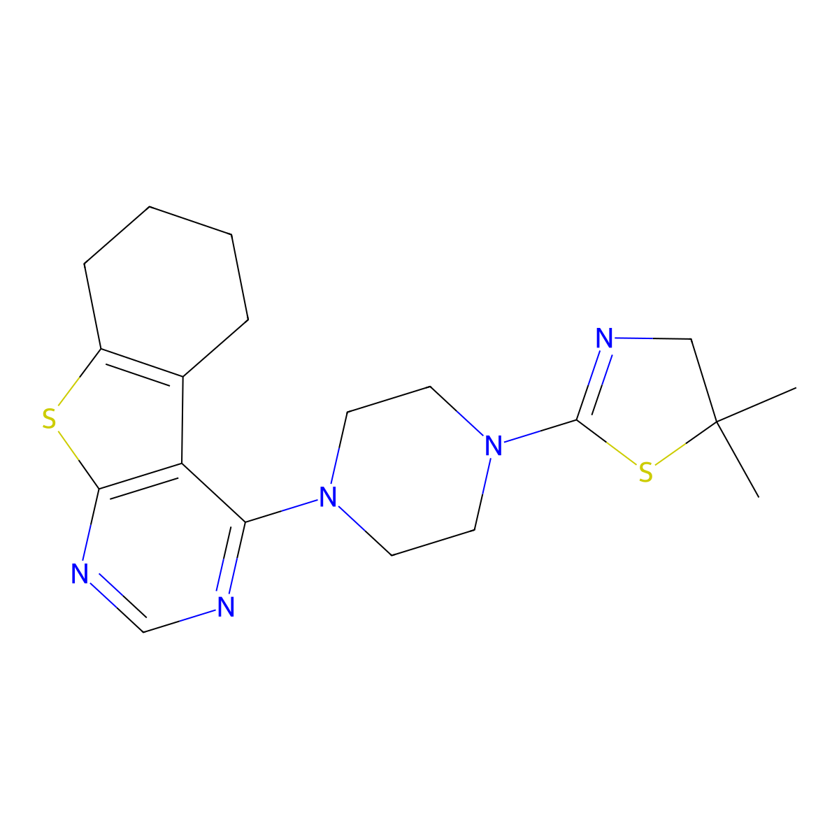 4-[4-(5,5-dimethyl-4H-1,3-thiazol-2-yl)piperazin-1-yl]-5,6,7,8-tetrahydro-[1]benzothiolo[2,3-d]pyrimidine molecular structure, CAS 433311-07-0