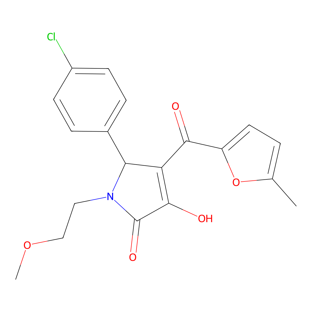 (4E)-5-(4-chlorophenyl)-4-[hydroxy(5-methylfuran-2-yl)methylidene]-1-(2-methoxyethyl)pyrrolidine-2,3-dione molecular structure, CAS 433317-45-4