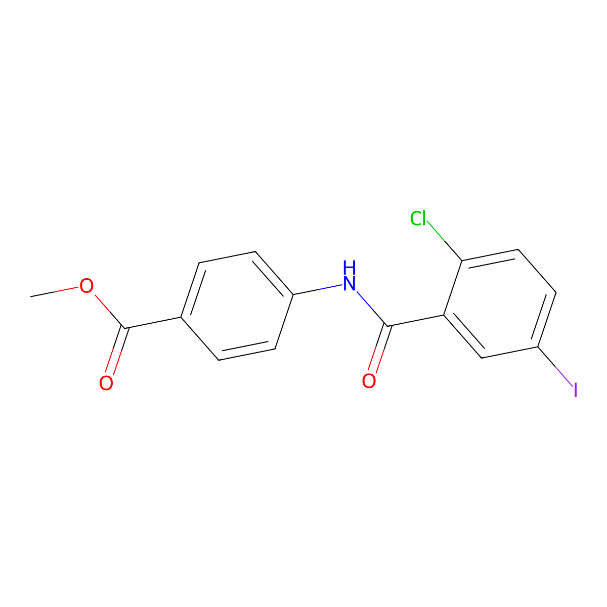 Methyl 4-{[(2-chloro-5-iodophenyl)carbonyl]amino}benzoate molecular structure, CAS 433317-76-1