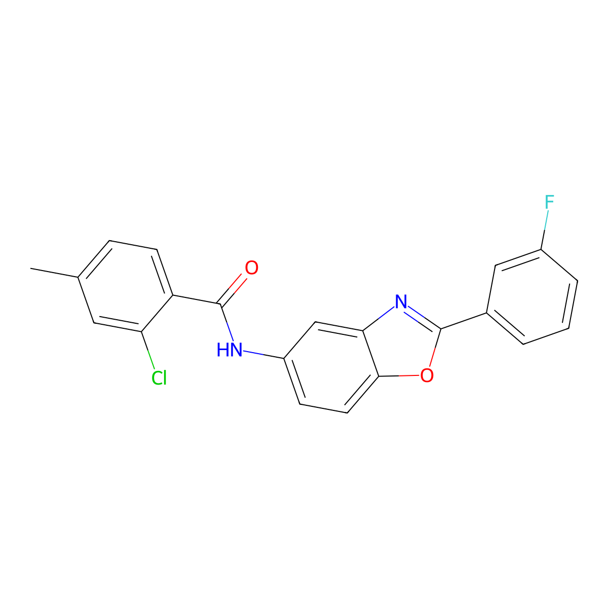 2-chloro-N-[2-(3-fluorophenyl)-1,3-benzoxazol-5-yl]-4-methylbenzamide molecular structure, CAS 433318-23-1