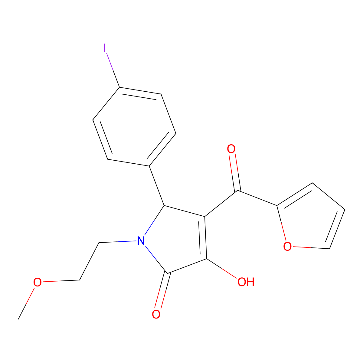 (4E)-4-[furan-2-yl(hydroxy)methylidene]-5-(4-iodophenyl)-1-(2-methoxyethyl)pyrrolidine-2,3-dione molecular structure, CAS 433318-91-3