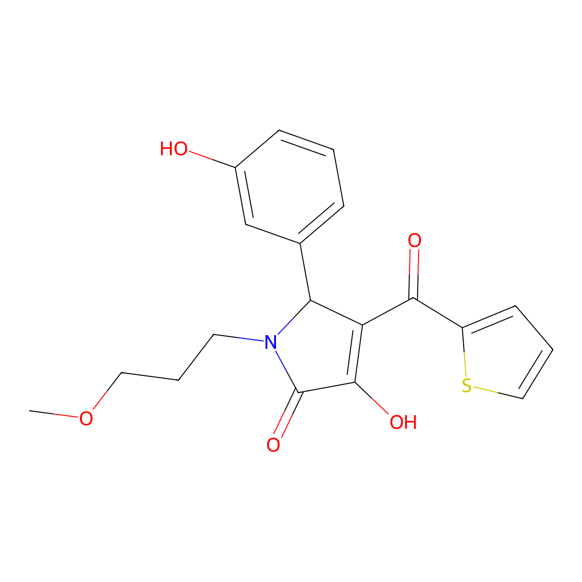 3-hydroxy-5-(3-hydroxyphenyl)-1-(3-methoxypropyl)-4-(thiophen-2-ylcarbonyl)-1,5-dihydro-2H-pyrrol-2-one molecular structure, CAS 433323-29-6