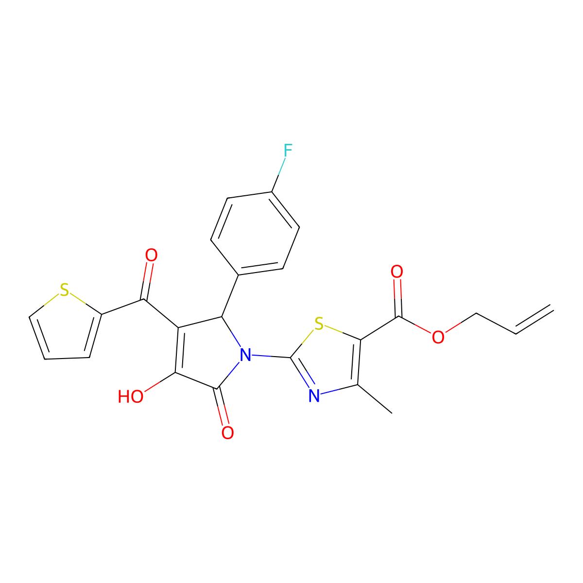prop-2-enyl 2-[2-(4-fluorophenyl)-4-hydroxy-5-oxo-3-(thiophene-2-carbonyl)-2H-pyrrol-1-yl]-4-methyl-1,3-thiazole-5-carboxylate molecular structure, CAS 433325-88-3