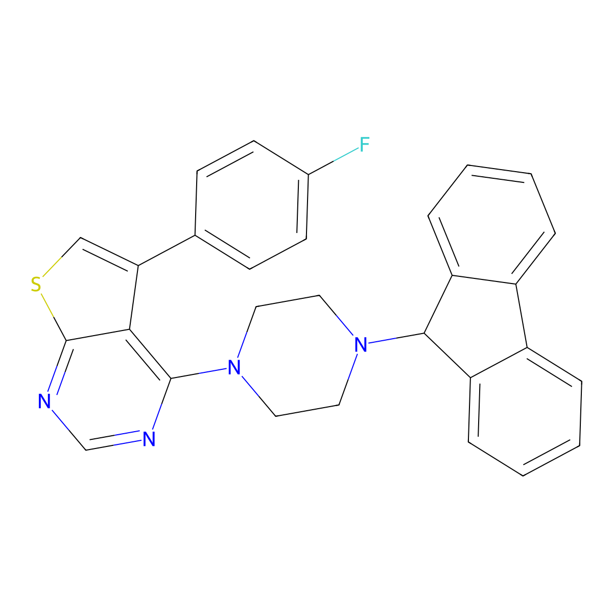 4-[4-(9H-fluoren-9-yl)piperazin-1-yl]-5-(4-fluorophenyl)thieno[2,3-d]pyrimidine molecular structure, CAS 433327-71-0