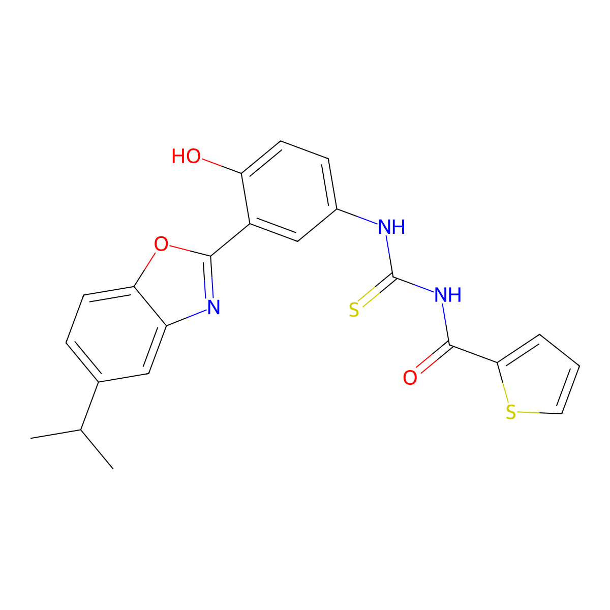 N-({4-hydroxy-3-[5-(propan-2-yl)-1,3-benzoxazol-2-yl]phenyl}carbamothioyl)thiophene-2-carboxamide molecular structure, CAS 433328-22-4