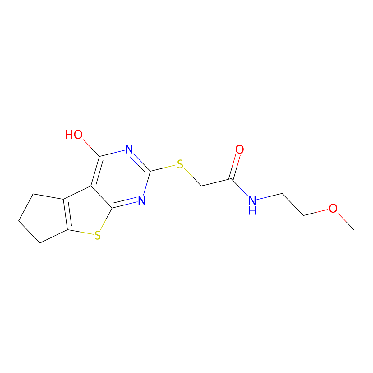 N-(2-methoxyethyl)-2-((4-oxo-4,5,6,7-tetrahydro-3H-cyclopenta[4,5]thieno[2,3-d]pyrimidin-2-yl)thio)acetamide molecular structure, CAS 433328-49-5