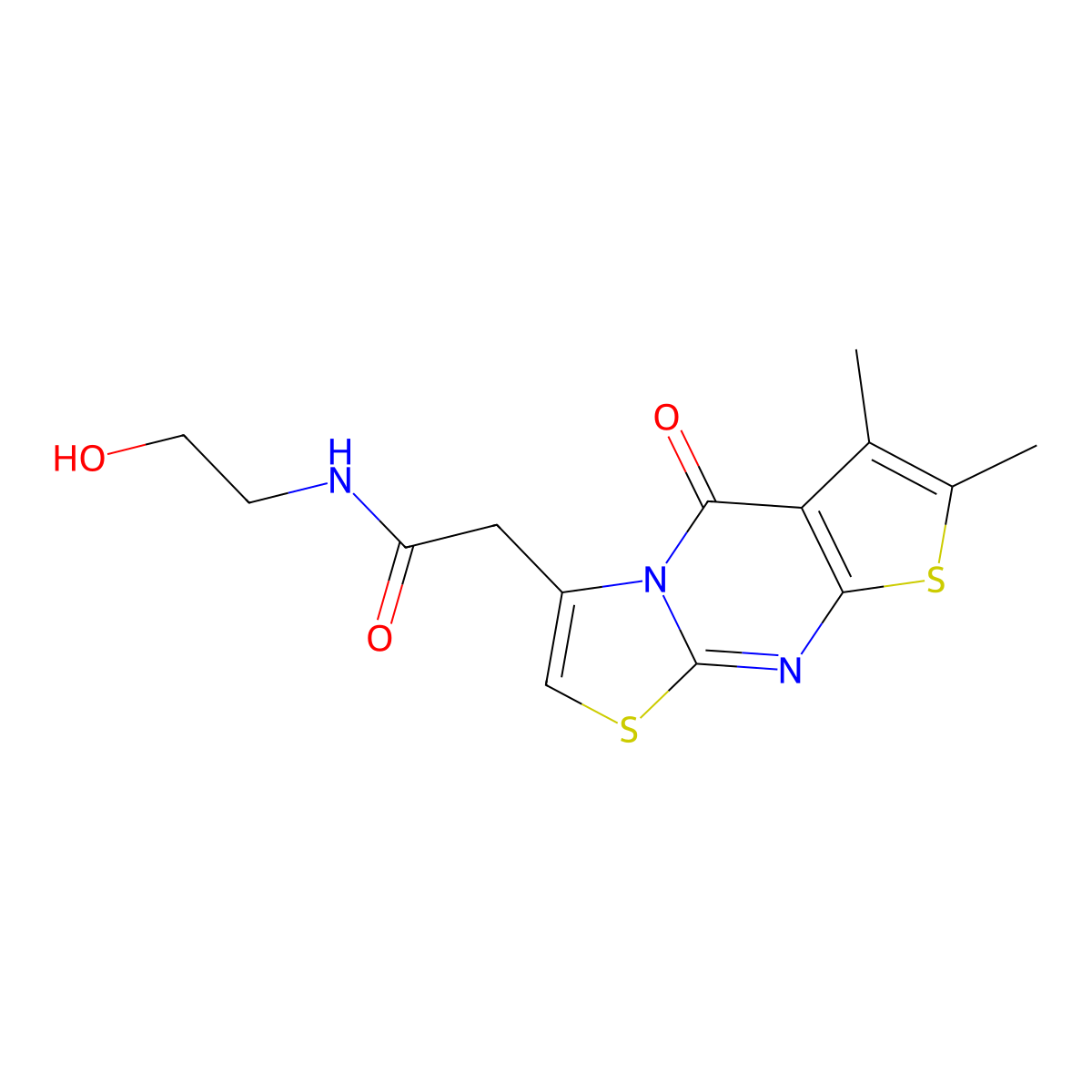 2-{4,5-dimethyl-2-oxo-6,10-dithia-1,8-diazatricyclo[7.3.0.0^{3,7}]dodeca-3(7),4,8,11-tetraen-12-yl}-N-(2-hydroxyethyl)acetamide molecular structure, CAS 433328-50-8