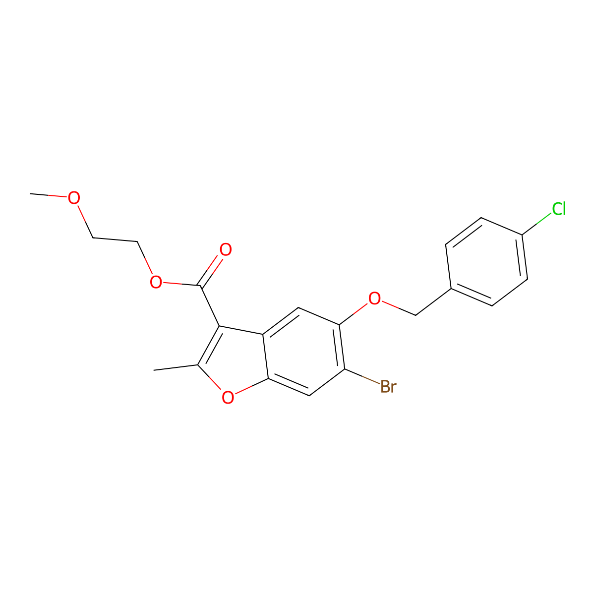 2-Methoxyethyl 6-bromo-5-[(4-chlorophenyl)methoxy]-2-methyl-1-benzofuran-3-carboxylate molecular structure, CAS 433328-63-3
