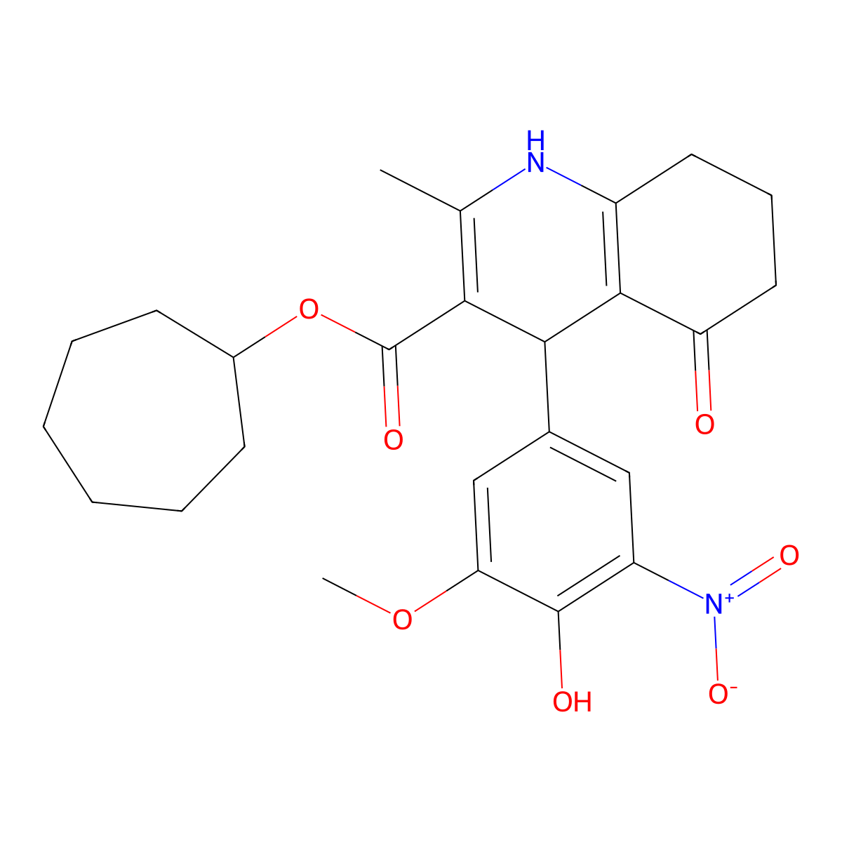Cycloheptyl 4-(4-hydroxy-3-methoxy-5-nitrophenyl)-2-methyl-5-oxo-1,4,5,6,7,8-hexahydroquinoline-3-carboxylate molecular structure, CAS 433329-36-3