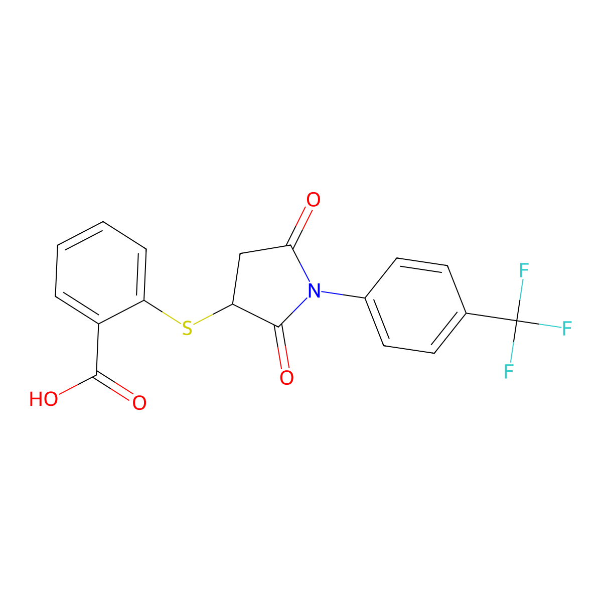 2-((2,5-Dioxo-1-(4-(trifluoromethyl)phenyl)pyrrolidin-3-yl)thio)benzoic acid molecular structure, CAS 433329-42-1